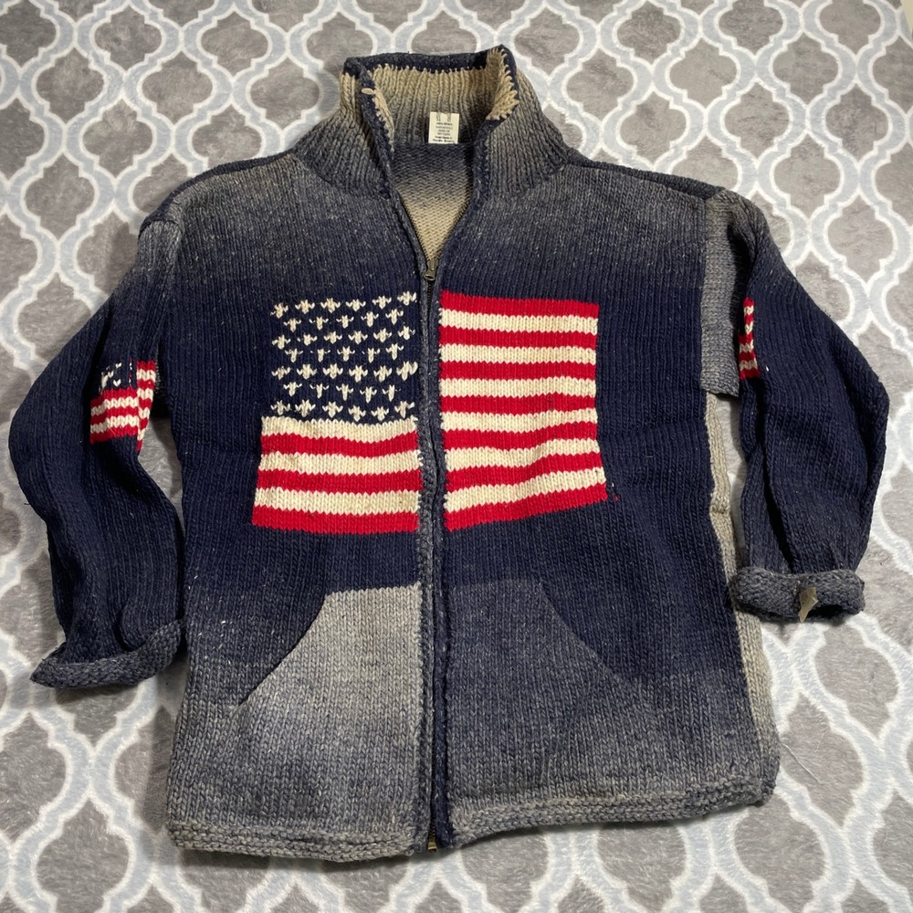 Tamia Full Zip Sweater Mens L Blue Grey Wool American Flag Ecuador Hand Made